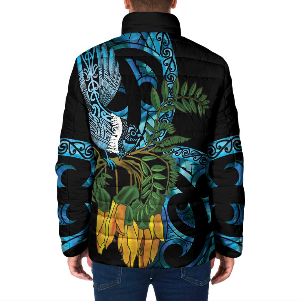 Turquoise New Zealand Kowhai And Piwakawaka Padded Jacket Maori Ngaru Paua Shell - Polynesian Pride