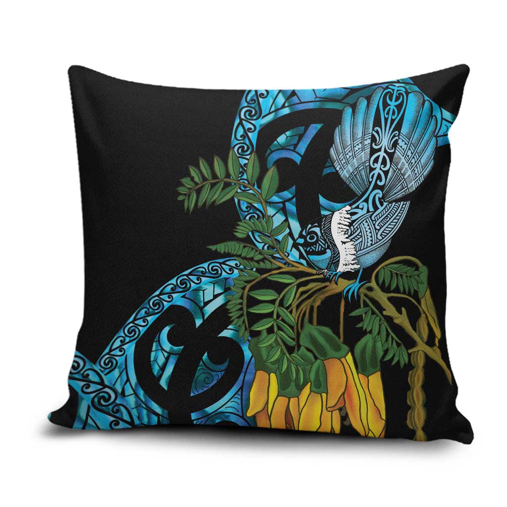 Turquoise New Zealand Kowhai And Piwakawaka Pillow Cover Maori Ngaru Paua Shell - Polynesian Pride