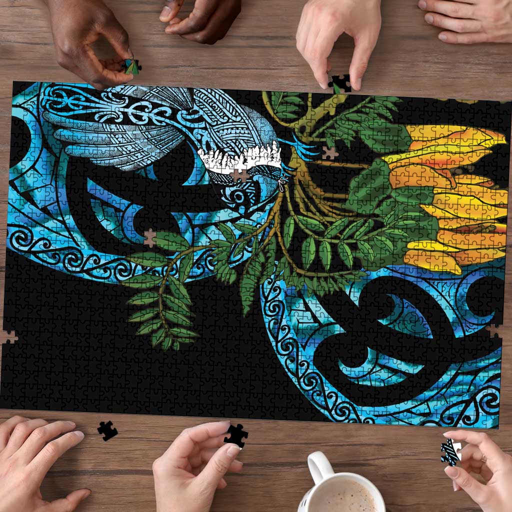 Turquoise New Zealand Kowhai And Piwakawaka Puzzle Maori Ngaru Paua Shell - Polynesian Pride