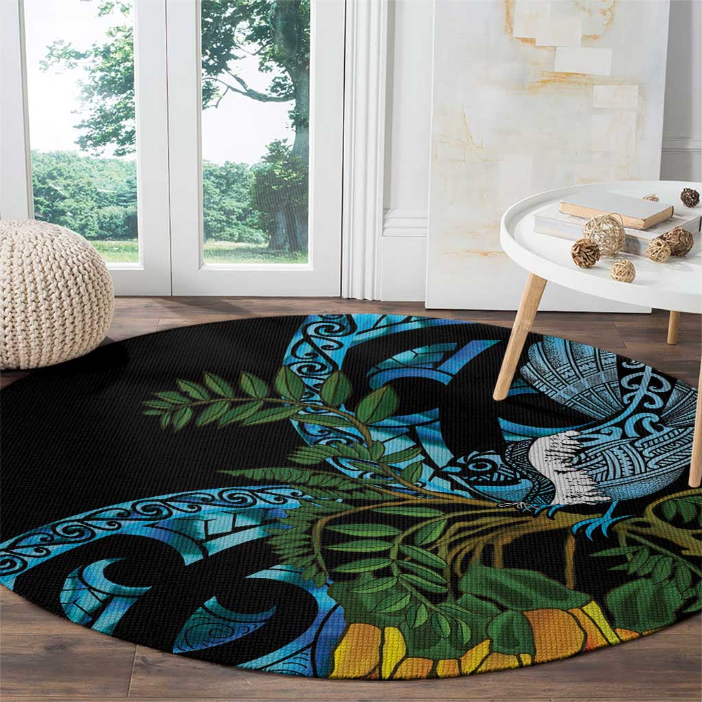 Turquoise New Zealand Kowhai And Piwakawaka Round Carpet Maori Ngaru Paua Shell