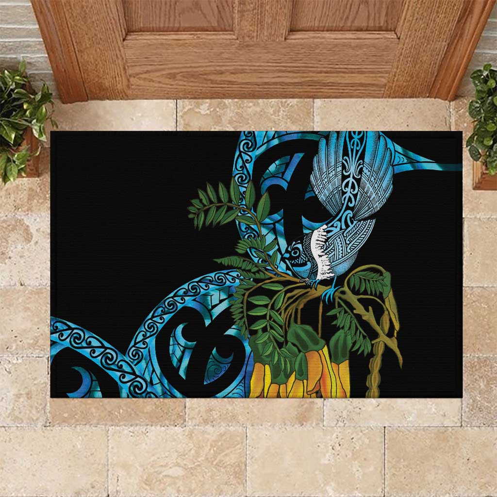Turquoise New Zealand Kowhai And Piwakawaka Rubber Doormat Maori Ngaru Paua Shell LT14 Turquoise - Polynesian Pride