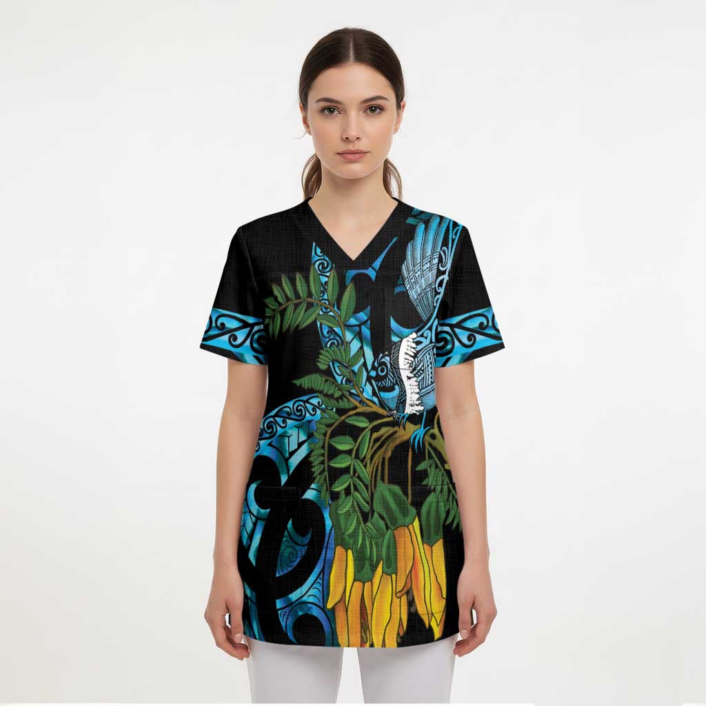 Turquoise New Zealand Kowhai And Piwakawaka Scrub Top Maori Ngaru Paua Shell - Polynesian Pride