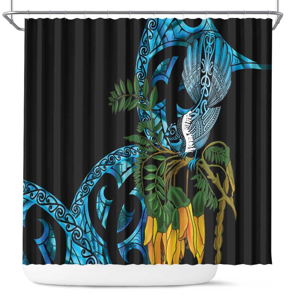 Turquoise New Zealand Kowhai And Piwakawaka Shower Curtain Maori Ngaru Paua Shell