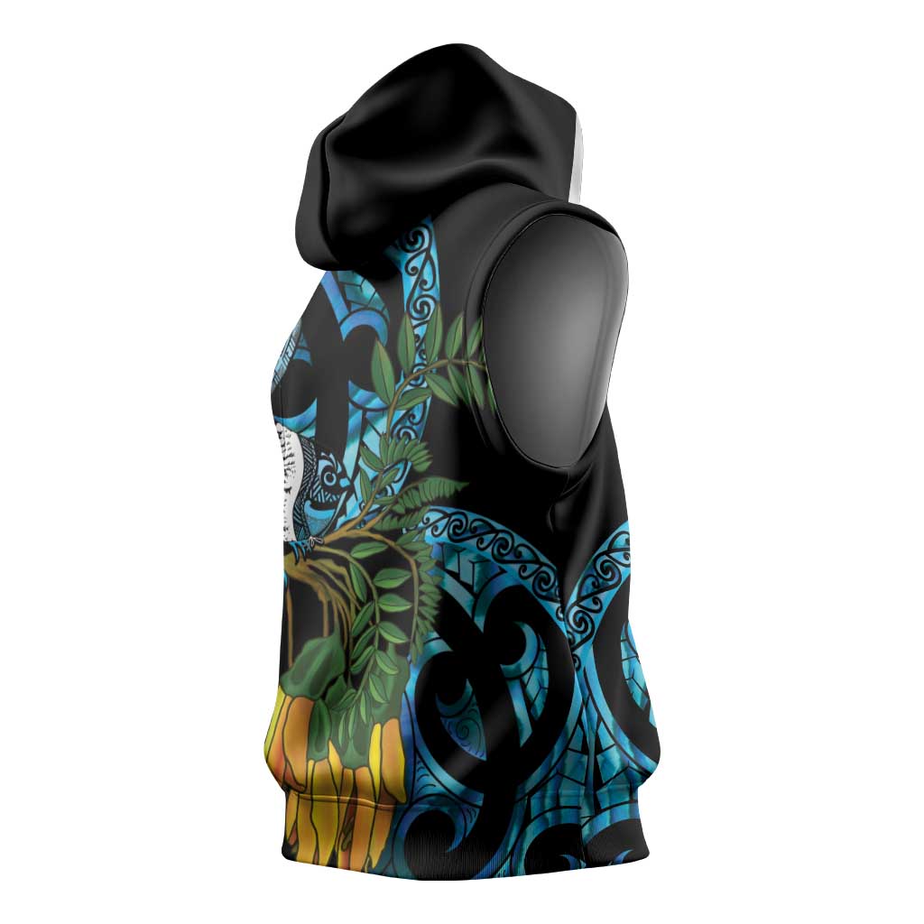 Turquoise New Zealand Kowhai And Piwakawaka Sleeveless Hoodie Maori Ngaru Paua Shell - Polynesian Pride