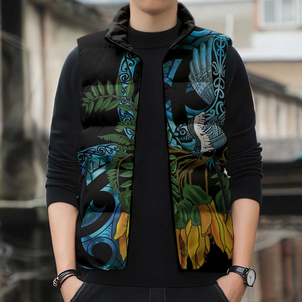 Turquoise New Zealand Kowhai And Piwakawaka Sleeveless Puffer Jacket Maori Ngaru Paua Shell - Polynesian Pride
