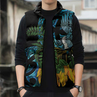 Turquoise New Zealand Kowhai And Piwakawaka Sleeveless Puffer Jacket Maori Ngaru Paua Shell - Polynesian Pride