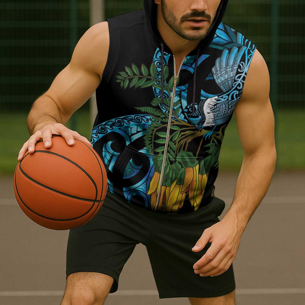 Turquoise New Zealand Kowhai And Piwakawaka Sleeveless Zip Hoodie Maori Ngaru Paua Shell - Polynesian Pride