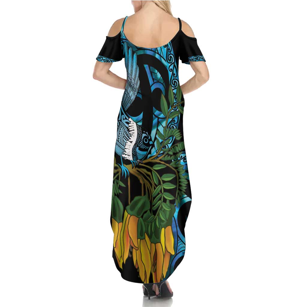 Turquoise New Zealand Kowhai And Piwakawaka Summer Maxi Dress Maori Ngaru Paua Shell