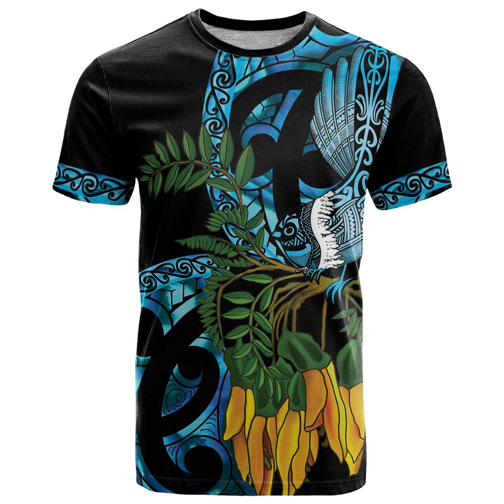 Turquoise New Zealand Kowhai And Piwakawaka T Shirt Maori Ngaru Paua Shell