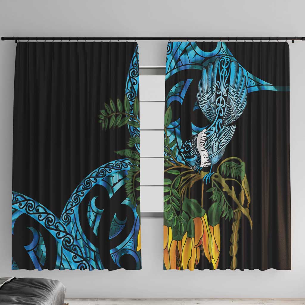 Turquoise New Zealand Kowhai And Piwakawaka Window Curtain Maori Ngaru Paua Shell LT14 With Hooks Turquoise - Polynesian Pride