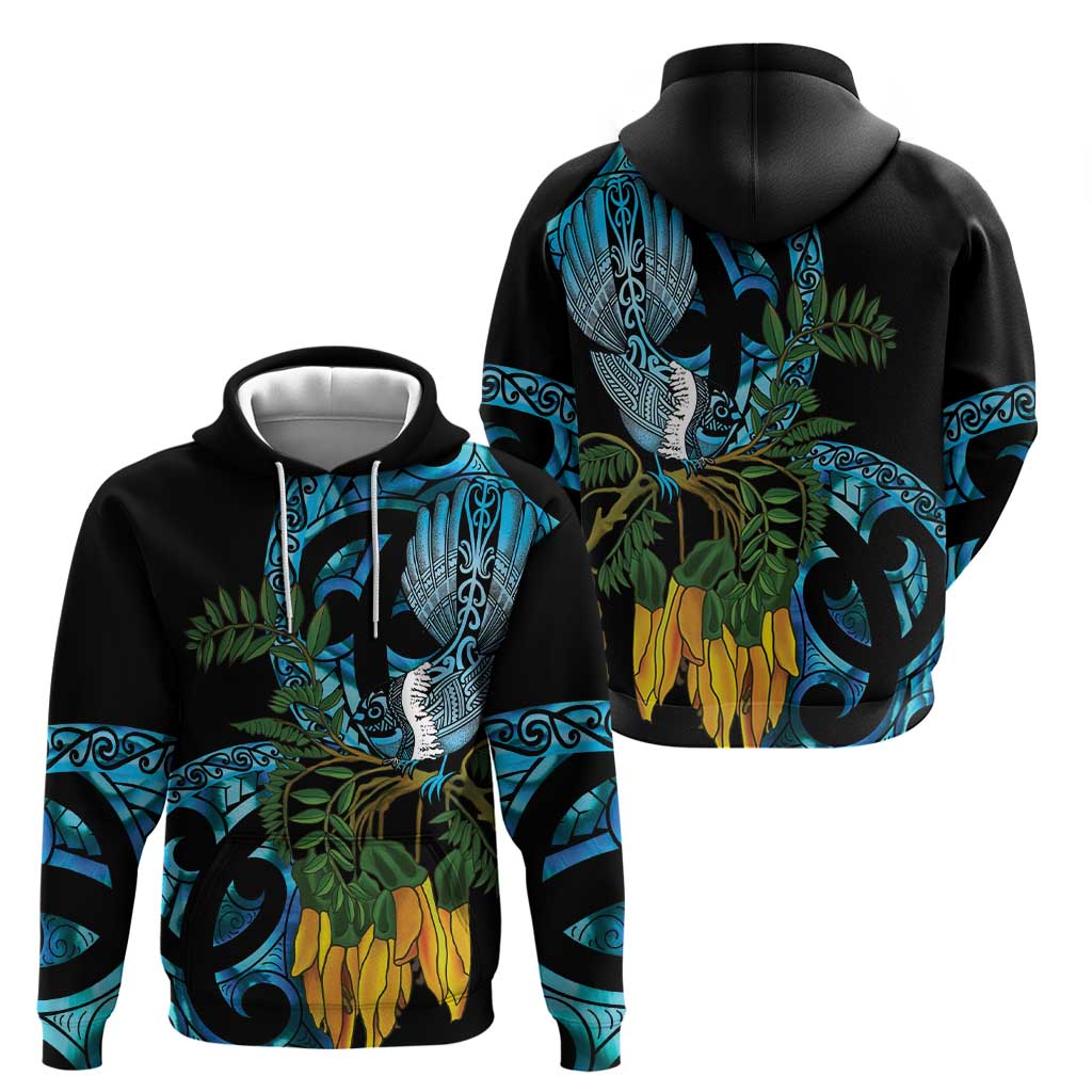 Turquoise New Zealand Kowhai And Piwakawaka Zip Hoodie Maori Ngaru Paua Shell
