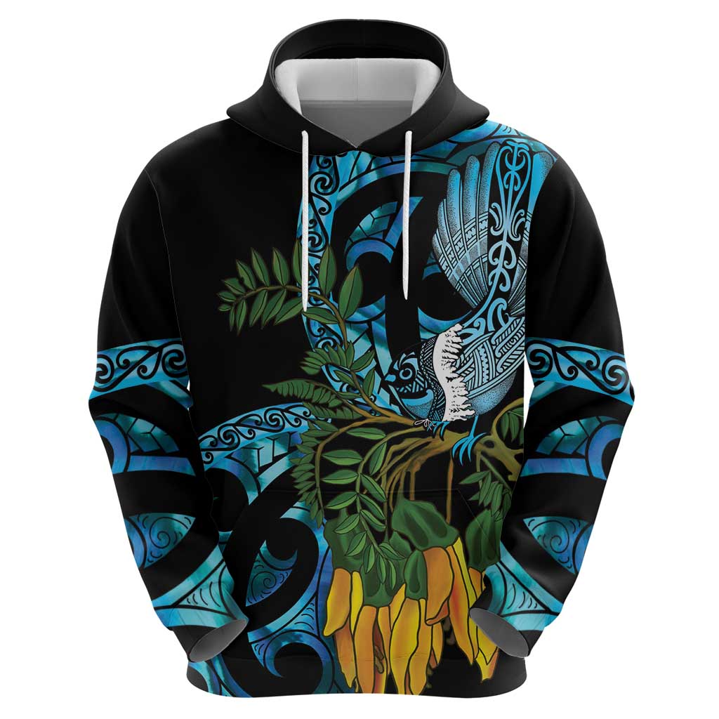 Turquoise New Zealand Kowhai And Piwakawaka Zip Hoodie Maori Ngaru Paua Shell