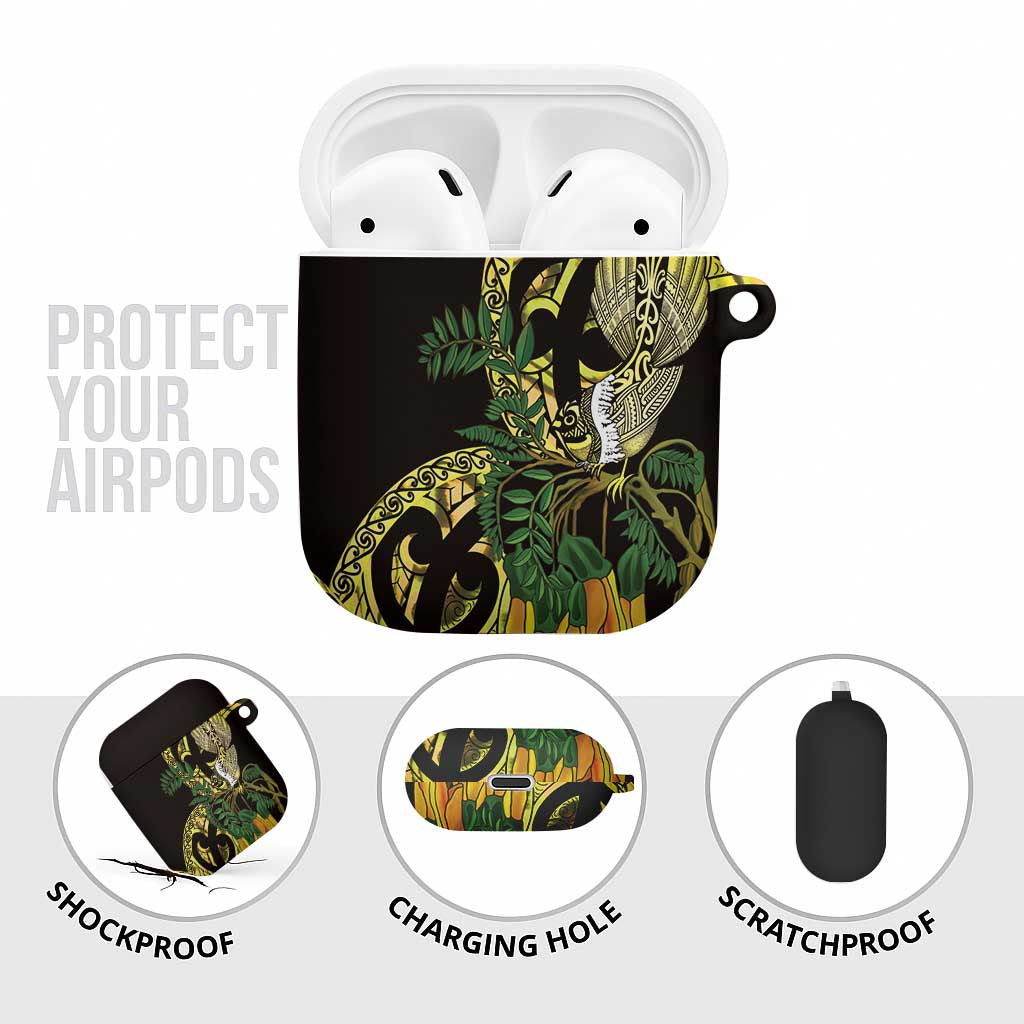 Yellow New Zealand Kowhai And Piwakawaka AirPods Case Maori Ngaru Paua Shell - Polynesian Pride