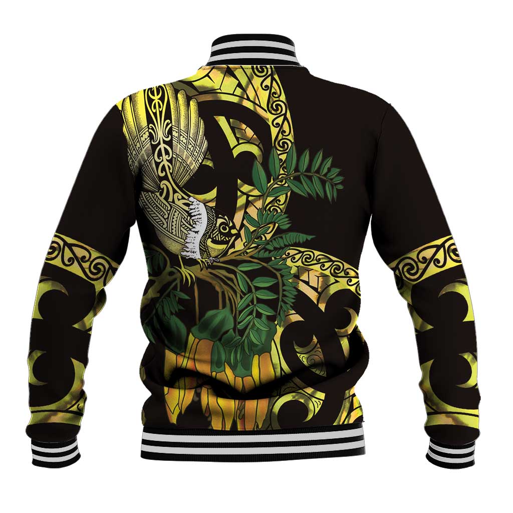 Yellow New Zealand Kowhai And Piwakawaka Baseball Jacket Maori Ngaru Paua Shell