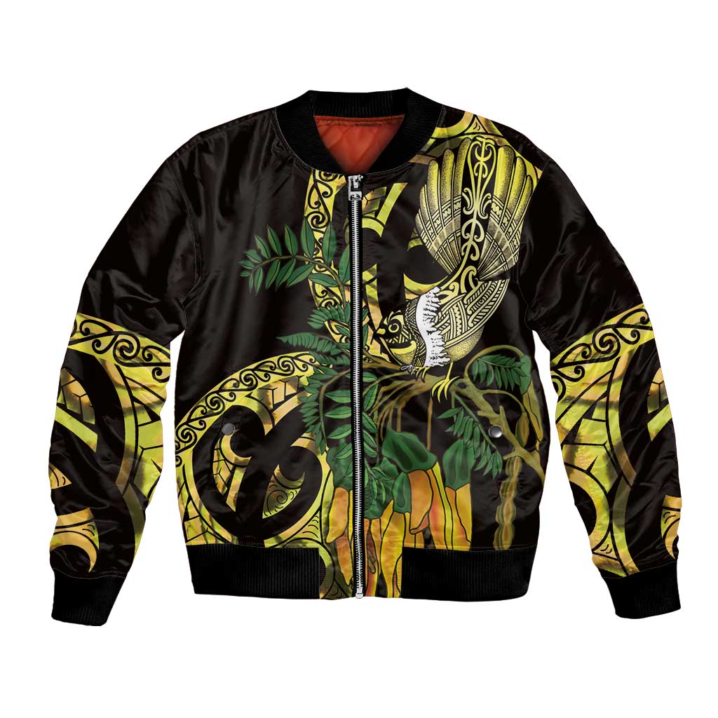 Yellow New Zealand Kowhai And Piwakawaka Bomber Jacket Maori Ngaru Paua Shell
