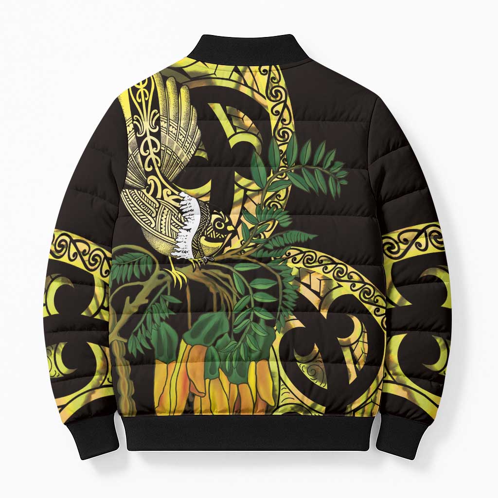 Yellow New Zealand Kowhai And Piwakawaka Bomber Puffer Jacket Maori Ngaru Paua Shell - Polynesian Pride