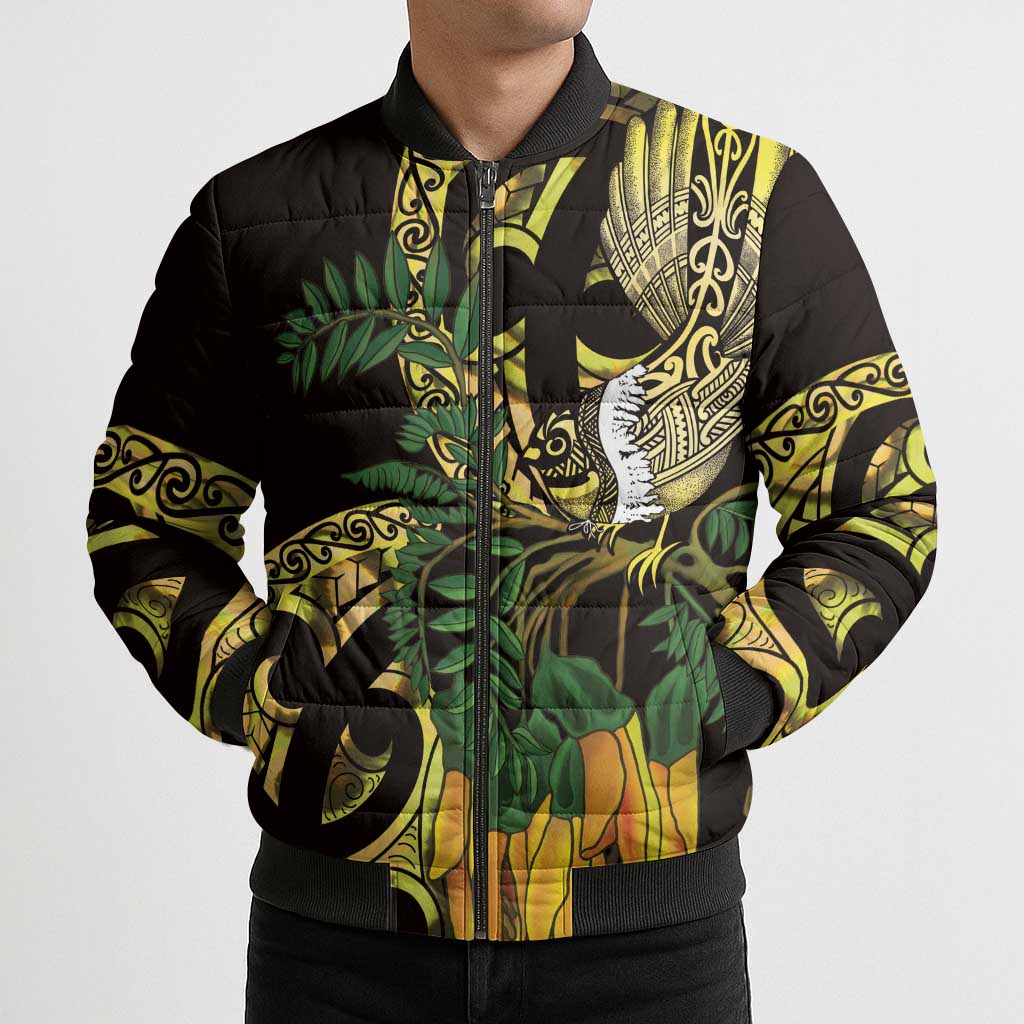 Yellow New Zealand Kowhai And Piwakawaka Bomber Puffer Jacket Maori Ngaru Paua Shell - Polynesian Pride