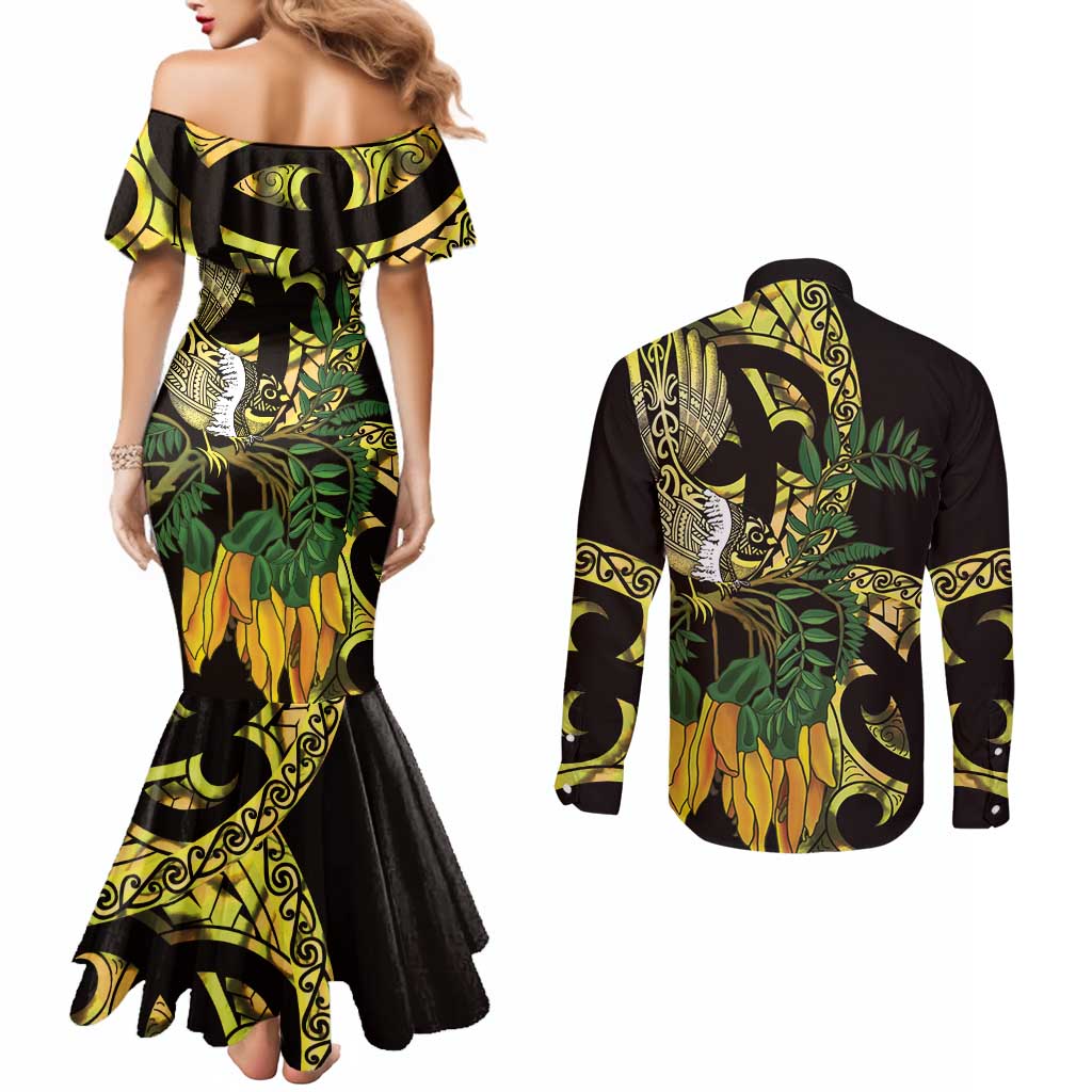 Yellow New Zealand Kowhai And Piwakawaka Couples Matching Mermaid Dress and Long Sleeve Button Shirt Maori Ngaru Paua Shell