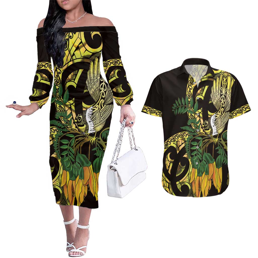 Yellow New Zealand Kowhai And Piwakawaka Couples Matching Off The Shoulder Long Sleeve Dress and Hawaiian Shirt Maori Ngaru Paua Shell LT14 Yellow - Polynesian Pride