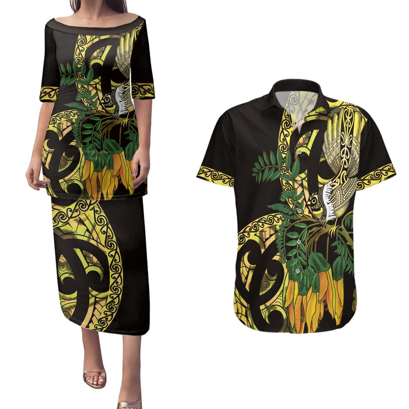 Yellow New Zealand Kowhai And Piwakawaka Couples Matching Puletasi and Hawaiian Shirt Maori Ngaru Paua Shell LT14 Yellow - Polynesian Pride