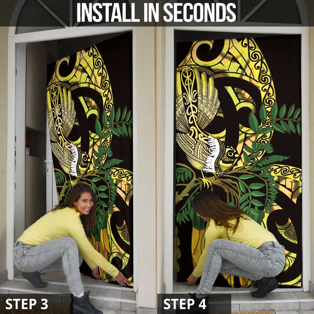 Yellow New Zealand Kowhai And Piwakawaka Door Cover Maori Ngaru Paua Shell - Polynesian Pride