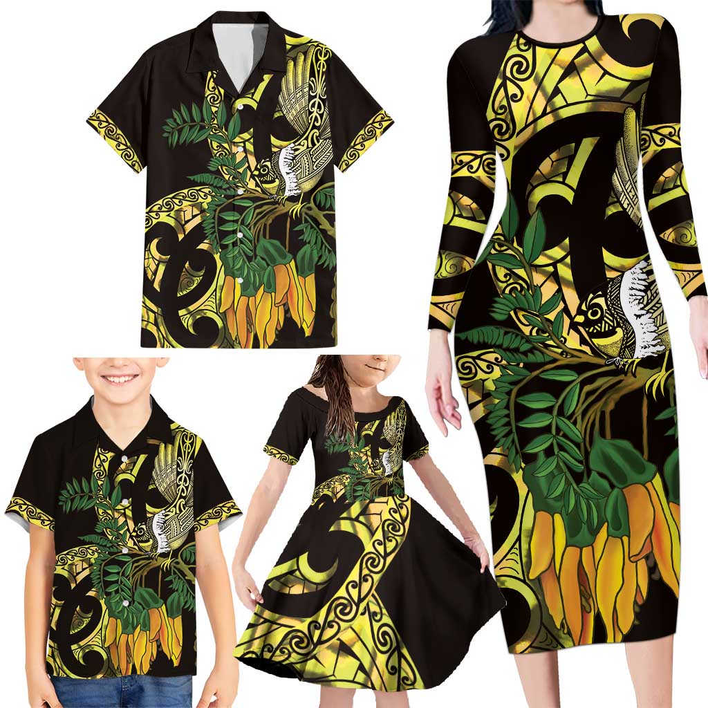Yellow New Zealand Kowhai And Piwakawaka Family Matching Long Sleeve Bodycon Dress and Hawaiian Shirt Maori Ngaru Paua Shell