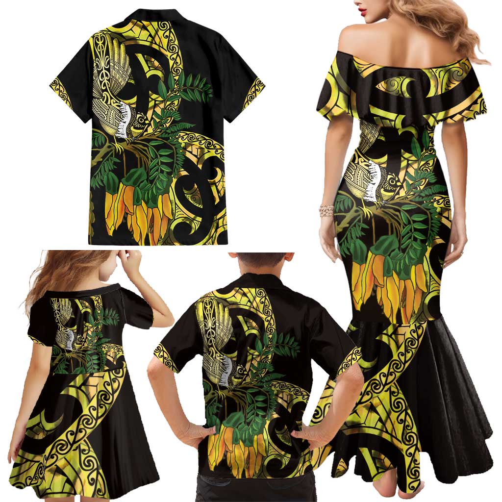 Yellow New Zealand Kowhai And Piwakawaka Family Matching Mermaid Dress and Hawaiian Shirt Maori Ngaru Paua Shell