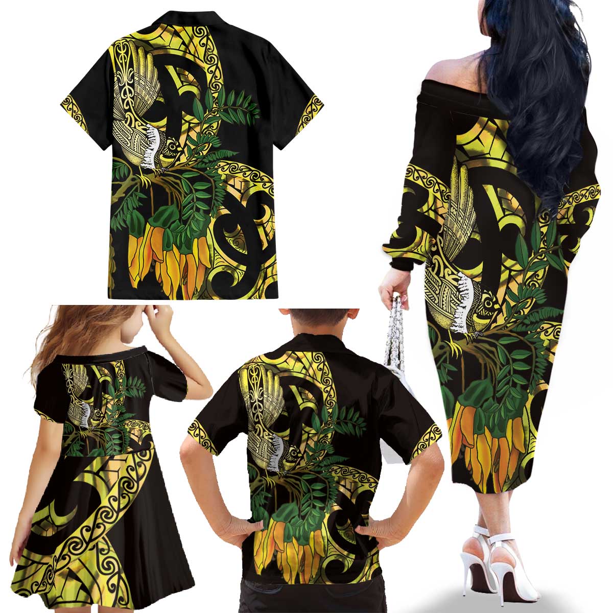 Yellow New Zealand Kowhai And Piwakawaka Family Matching Off The Shoulder Long Sleeve Dress and Hawaiian Shirt Maori Ngaru Paua Shell
