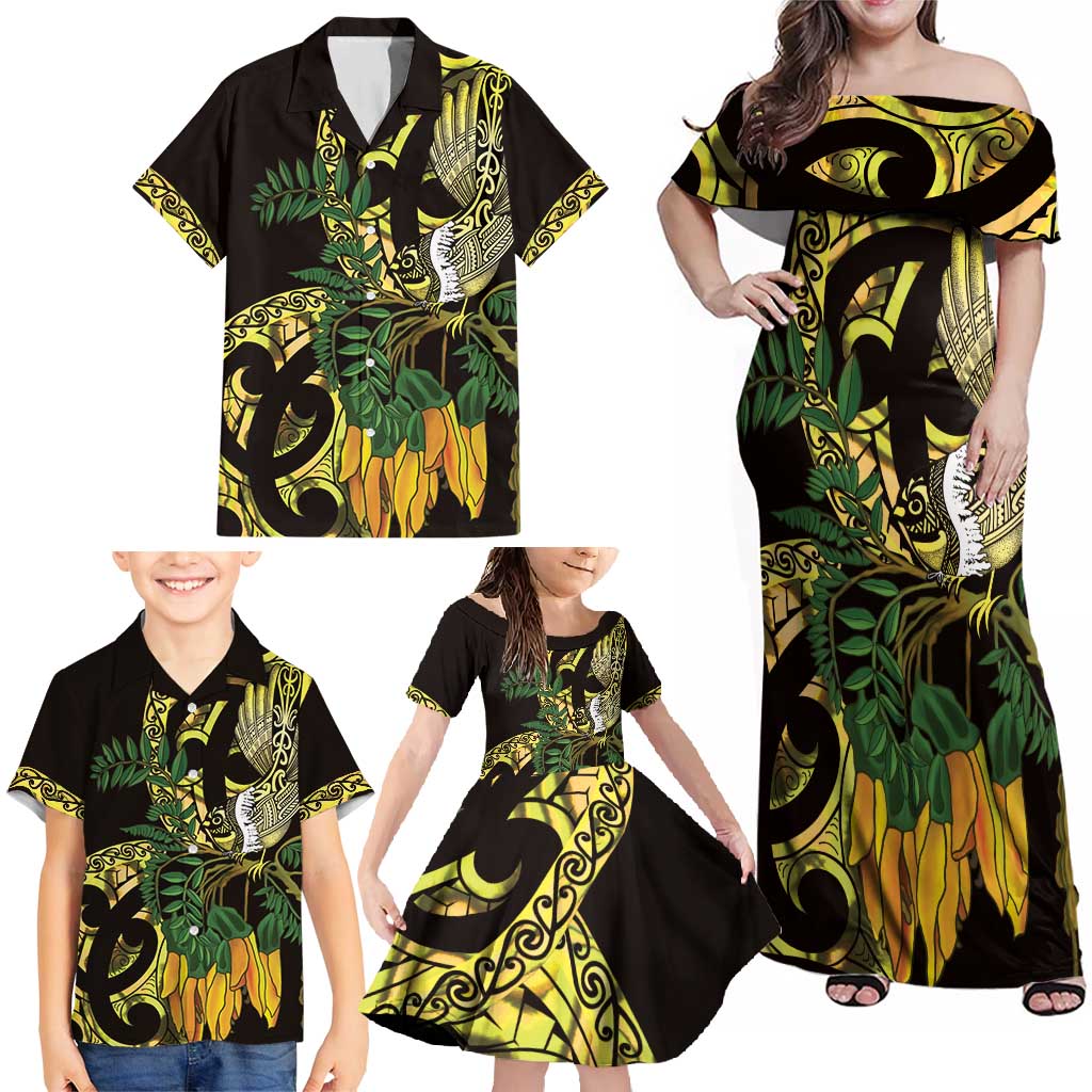Yellow New Zealand Kowhai And Piwakawaka Family Matching Off Shoulder Maxi Dress and Hawaiian Shirt Maori Ngaru Paua Shell