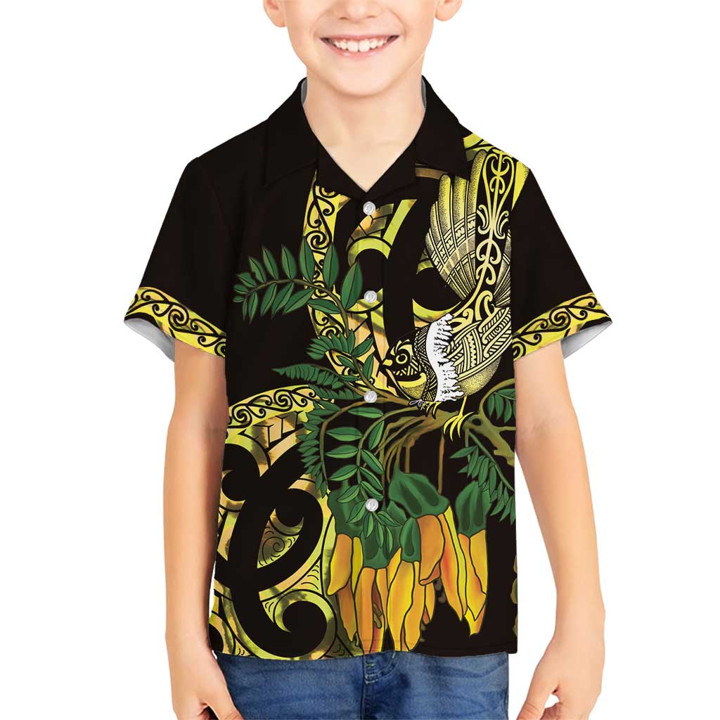 Yellow New Zealand Kowhai And Piwakawaka Family Matching Off Shoulder Maxi Dress and Hawaiian Shirt Maori Ngaru Paua Shell