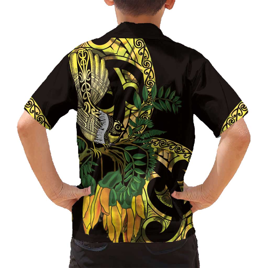 Yellow New Zealand Kowhai And Piwakawaka Family Matching Puletasi and Hawaiian Shirt Maori Ngaru Paua Shell