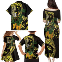 Yellow New Zealand Kowhai And Piwakawaka Family Matching Puletasi and Hawaiian Shirt Maori Ngaru Paua Shell