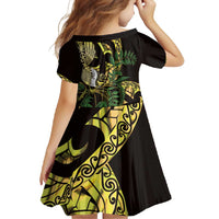 Yellow New Zealand Kowhai And Piwakawaka Family Matching Short Sleeve Bodycon Dress and Hawaiian Shirt Maori Ngaru Paua Shell