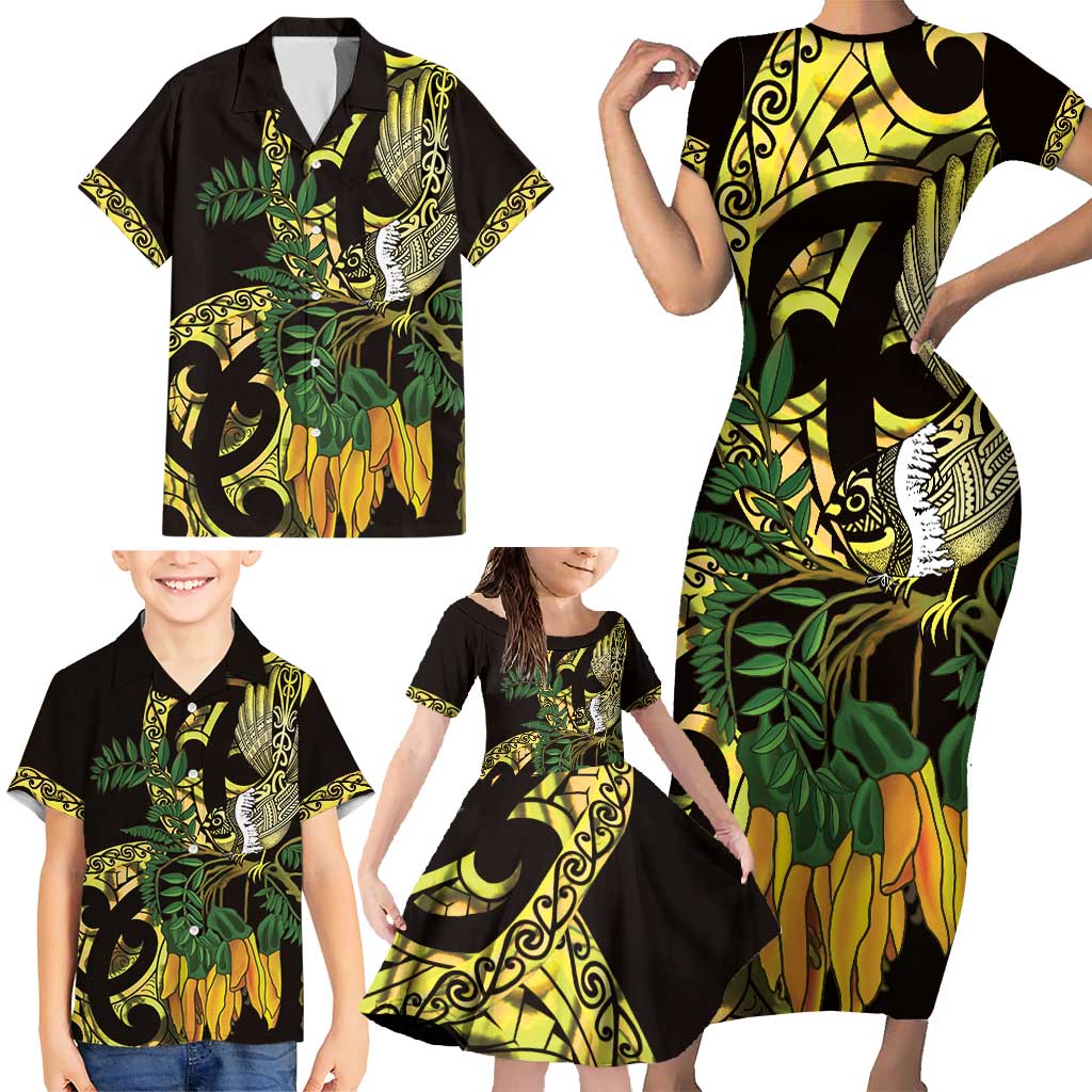 Yellow New Zealand Kowhai And Piwakawaka Family Matching Short Sleeve Bodycon Dress and Hawaiian Shirt Maori Ngaru Paua Shell