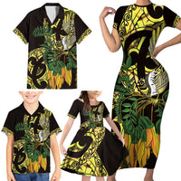 Yellow New Zealand Kowhai And Piwakawaka Family Matching Short Sleeve Bodycon Dress and Hawaiian Shirt Maori Ngaru Paua Shell