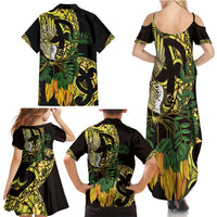 Yellow New Zealand Kowhai And Piwakawaka Family Matching Summer Maxi Dress and Hawaiian Shirt Maori Ngaru Paua Shell