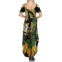 Yellow New Zealand Kowhai And Piwakawaka Family Matching Summer Maxi Dress and Hawaiian Shirt Maori Ngaru Paua Shell