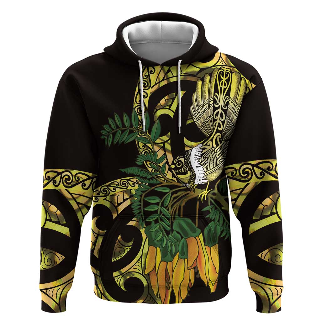 Yellow New Zealand Kowhai And Piwakawaka Hoodie Maori Ngaru Paua Shell