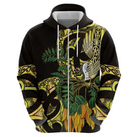 Yellow New Zealand Kowhai And Piwakawaka Hoodie Maori Ngaru Paua Shell