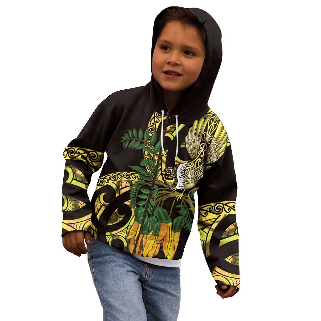 Yellow New Zealand Kowhai And Piwakawaka Kid Hoodie Maori Ngaru Paua Shell