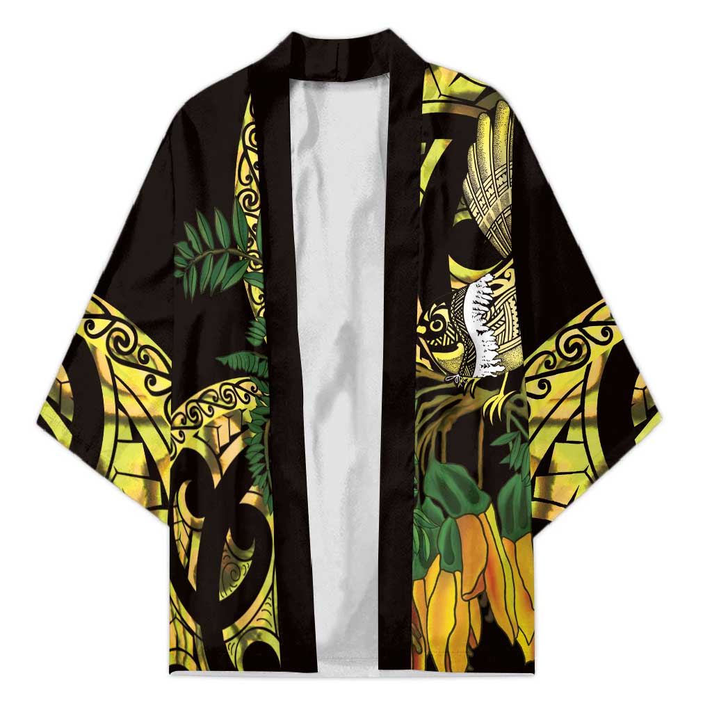 Yellow New Zealand Kowhai And Piwakawaka Kimono Maori Ngaru Paua Shell - Polynesian Pride