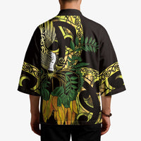 Yellow New Zealand Kowhai And Piwakawaka Kimono Maori Ngaru Paua Shell - Polynesian Pride