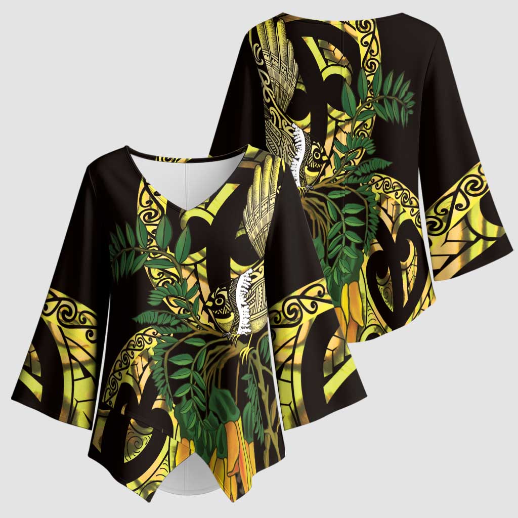 Yellow New Zealand Kowhai And Piwakawaka Kimono Sleeve Blouse Maori Ngaru Paua Shell - Polynesian Pride