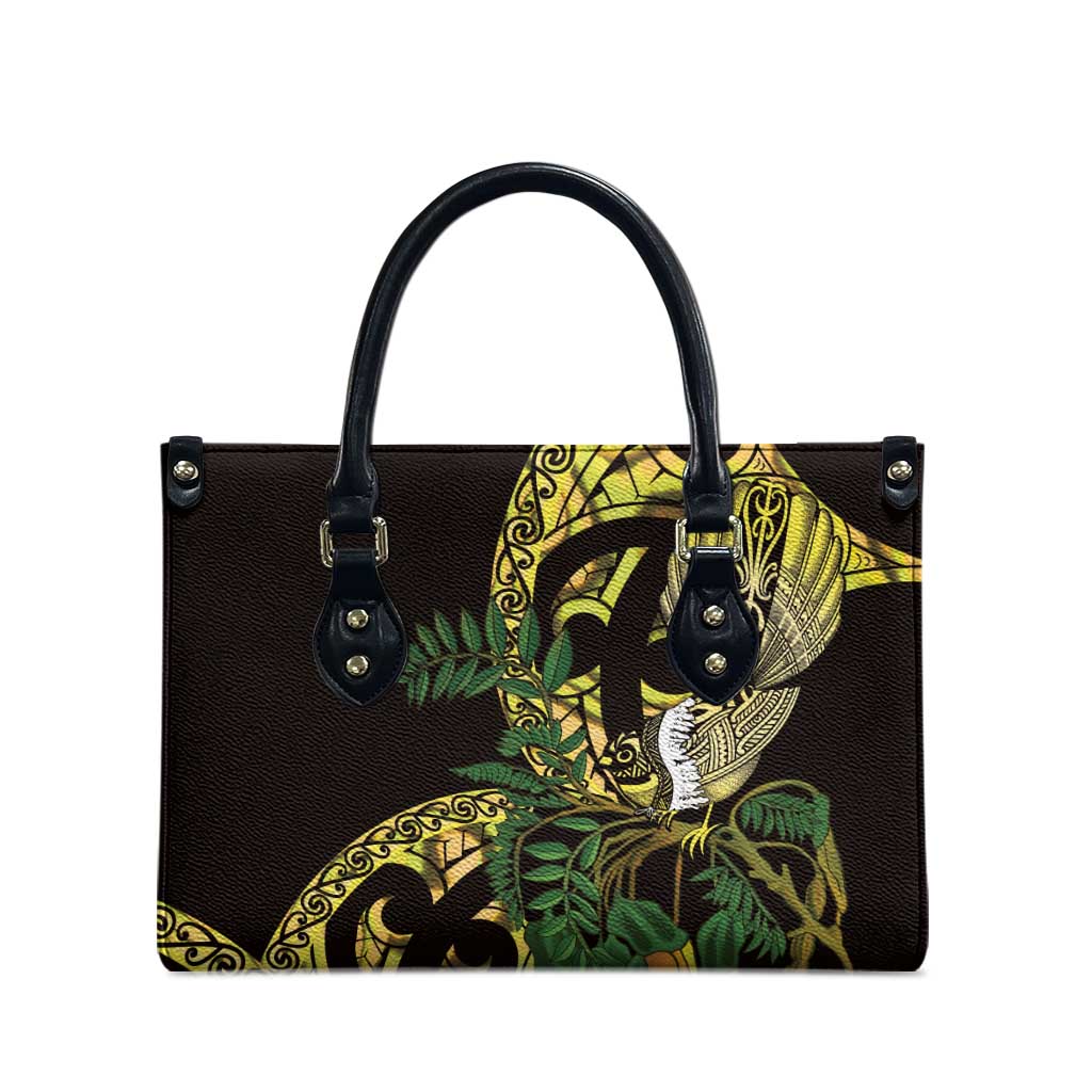 Yellow New Zealand Kowhai And Piwakawaka Leather Bag Maori Ngaru Paua Shell - Polynesian Pride