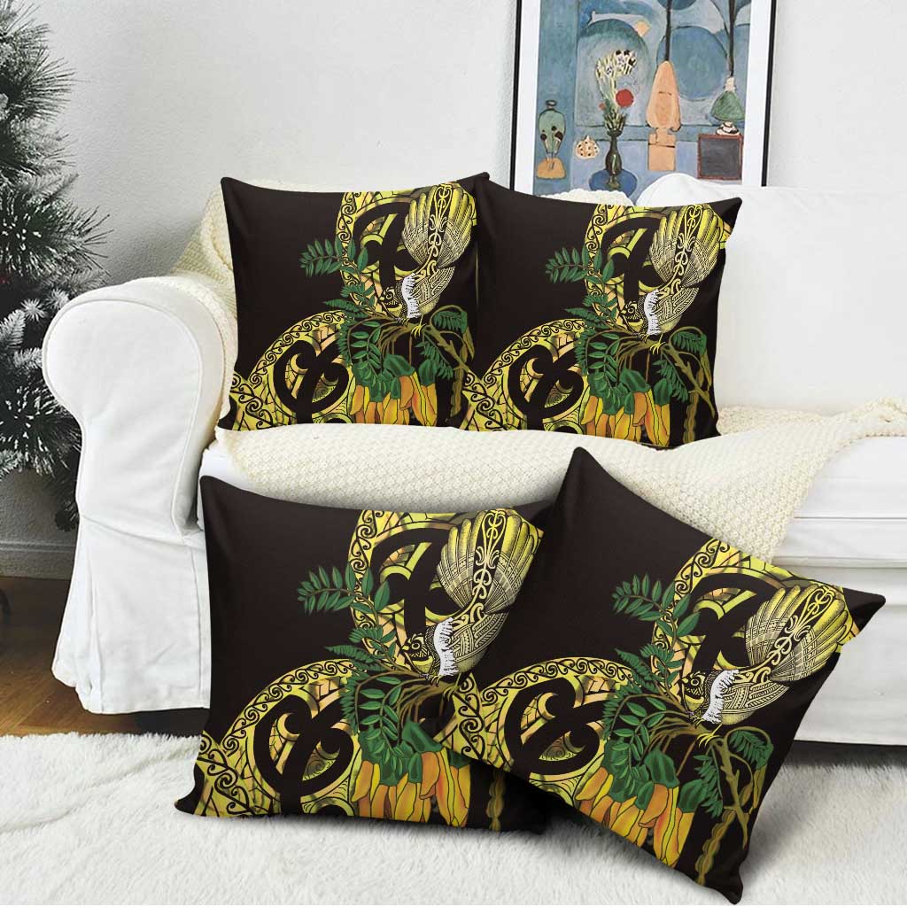 Yellow New Zealand Kowhai And Piwakawaka Pillow Cover Maori Ngaru Paua Shell - Polynesian Pride