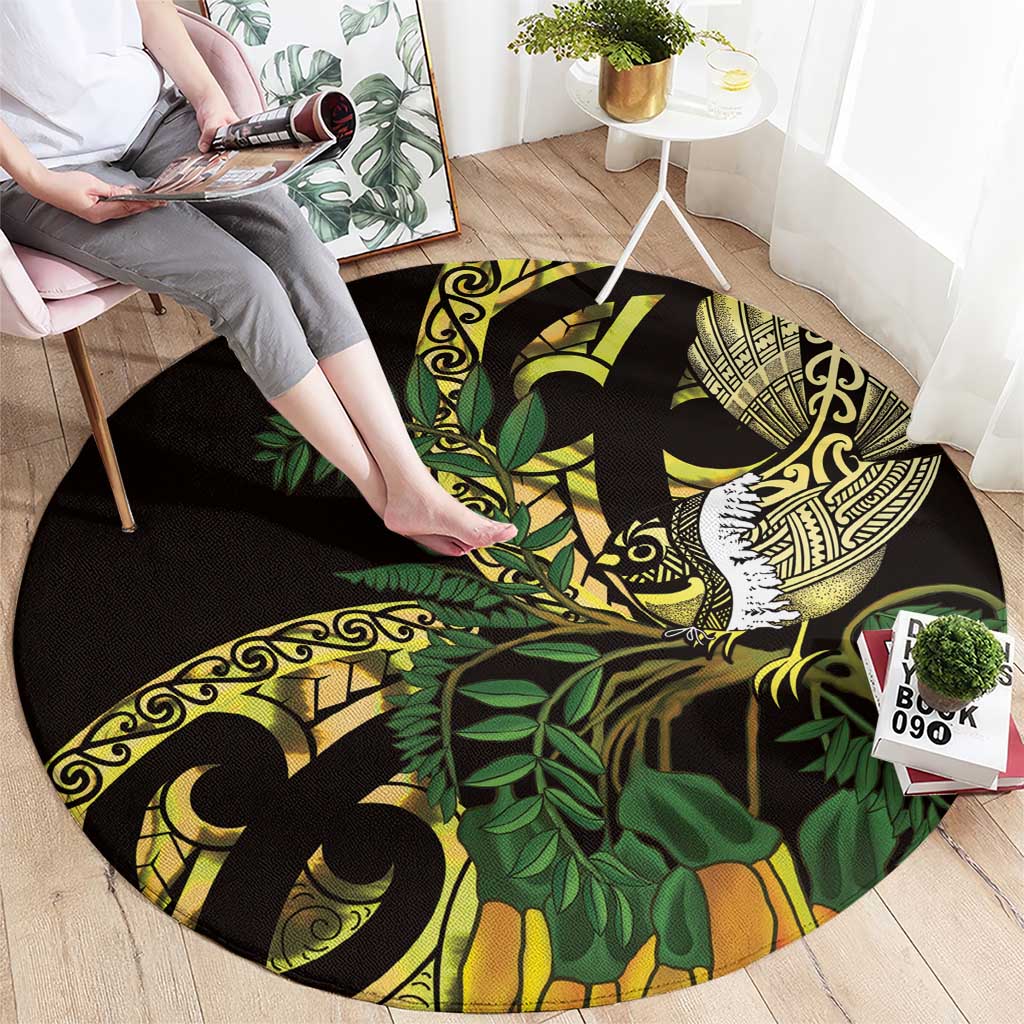 Yellow New Zealand Kowhai And Piwakawaka Round Carpet Maori Ngaru Paua Shell