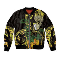 Yellow New Zealand Kowhai And Piwakawaka Sleeve Zip Bomber Jacket Maori Ngaru Paua Shell