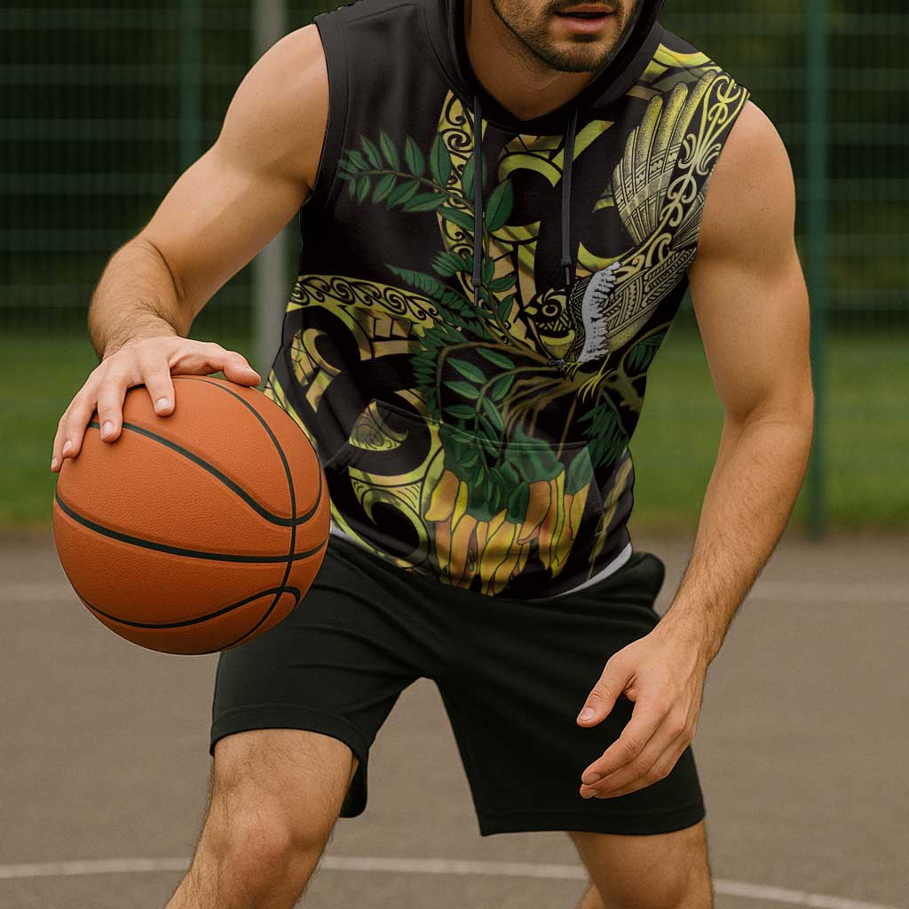 Yellow New Zealand Kowhai And Piwakawaka Sleeveless Hoodie Maori Ngaru Paua Shell - Polynesian Pride