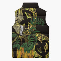 Yellow New Zealand Kowhai And Piwakawaka Sleeveless Puffer Jacket Maori Ngaru Paua Shell - Polynesian Pride