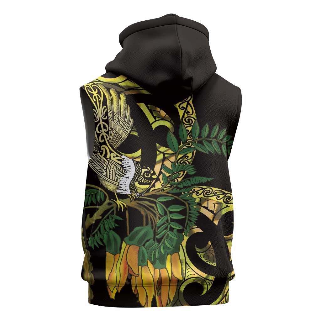 Yellow New Zealand Kowhai And Piwakawaka Sleeveless Zip Hoodie Maori Ngaru Paua Shell - Polynesian Pride